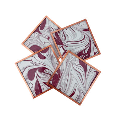 Marbled Paper Glass and Copper Coasters - Set of 4 Bordeaux and White Swirls