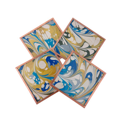 Marbled Paper Glass and Copper Coasters - Set of 4 Cerulean Gold White Swirls