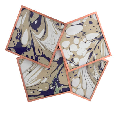 Marbled Paper Glass and Copper Coasters - Set of 4 Aubergine Antique Gold White Stone