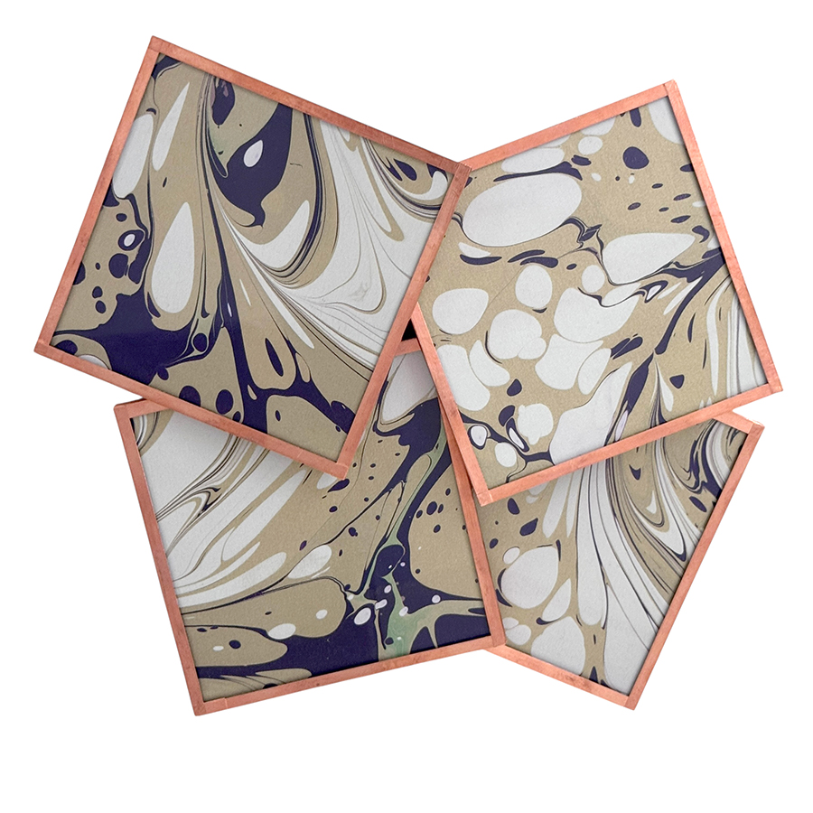 Marbled Paper Glass and Copper Coasters - Set of 4 Aubergine Antique Gold White Stone