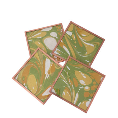 Marbled Paper Glass and Copper Coasters - Set of 4 Fern Ochre Gold White Stone
