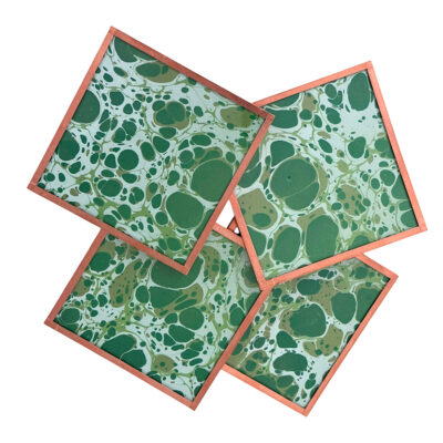 Marble Paper Glass and Copper Coasters - Set of 4 Forest Green Olive White Stone