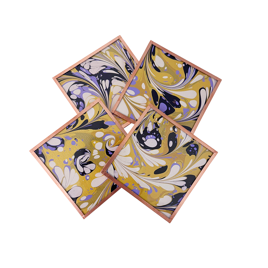 Marbled Paper Glass and Copper Coasters - Set of 4 Lavender Eggplant Gold White Stone