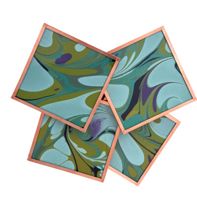 Marbled Paper Glass and Copper Coasters - Set of 4 Olive Celadon Lilac Stone