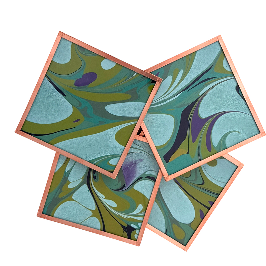 Marbled Paper Glass and Copper Coasters - Set of 4 Olive Celadon Lilac Stone