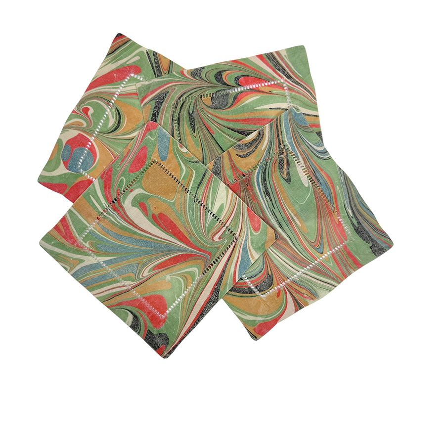 Marbled Linen Cocktail Napkins Orange Green Blue – Set of 4