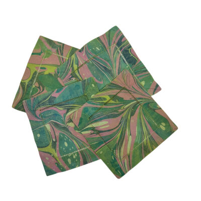 Marbled Linen Cocktail Napkins Pink and Green - Set of 4