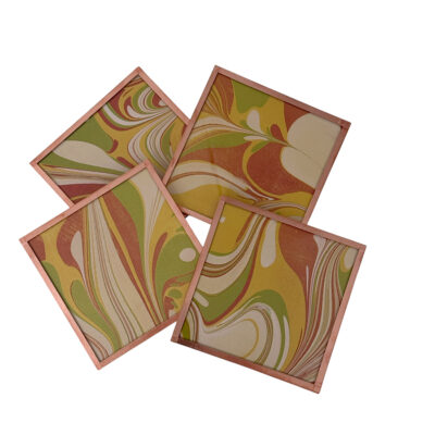 Marbled Paper Glass and Copper Coasters - Set of 4 Sienna Fern Gold White Swirls