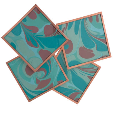 Marbled Paper Glass and Copper Coasters - Set of 4 Teal and Wine Stone