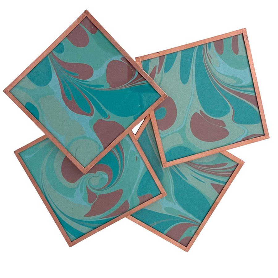 Marbled Paper Glass and Copper Coasters - Set of 4 Teal and Wine Stone