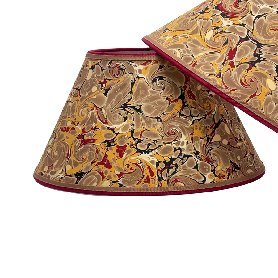 12" Marbled Paper Lampshades Pair Khaki Red Gold French Curl Shell - Image 2