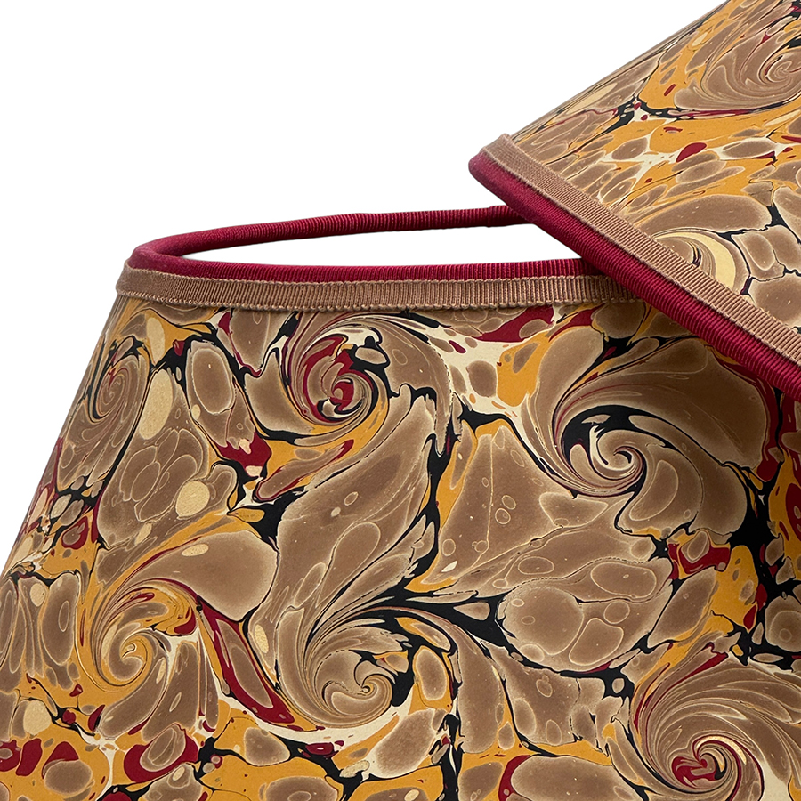 12" Marbled Paper Lampshades Pair Khaki Red Gold French Curl Shell - Image 3