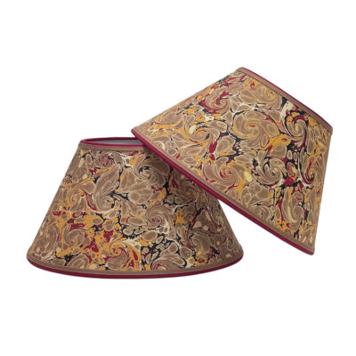 12" Marbled Paper Lampshades Pair Khaki Red Gold French Curl Shell