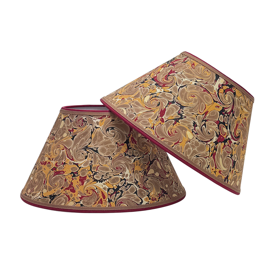 12" Marbled Paper Lampshades Pair Khaki Red Gold French Curl Shell