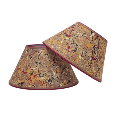 12" Marbled Paper Lampshades Pair Khaki Red Gold French Curl Shell