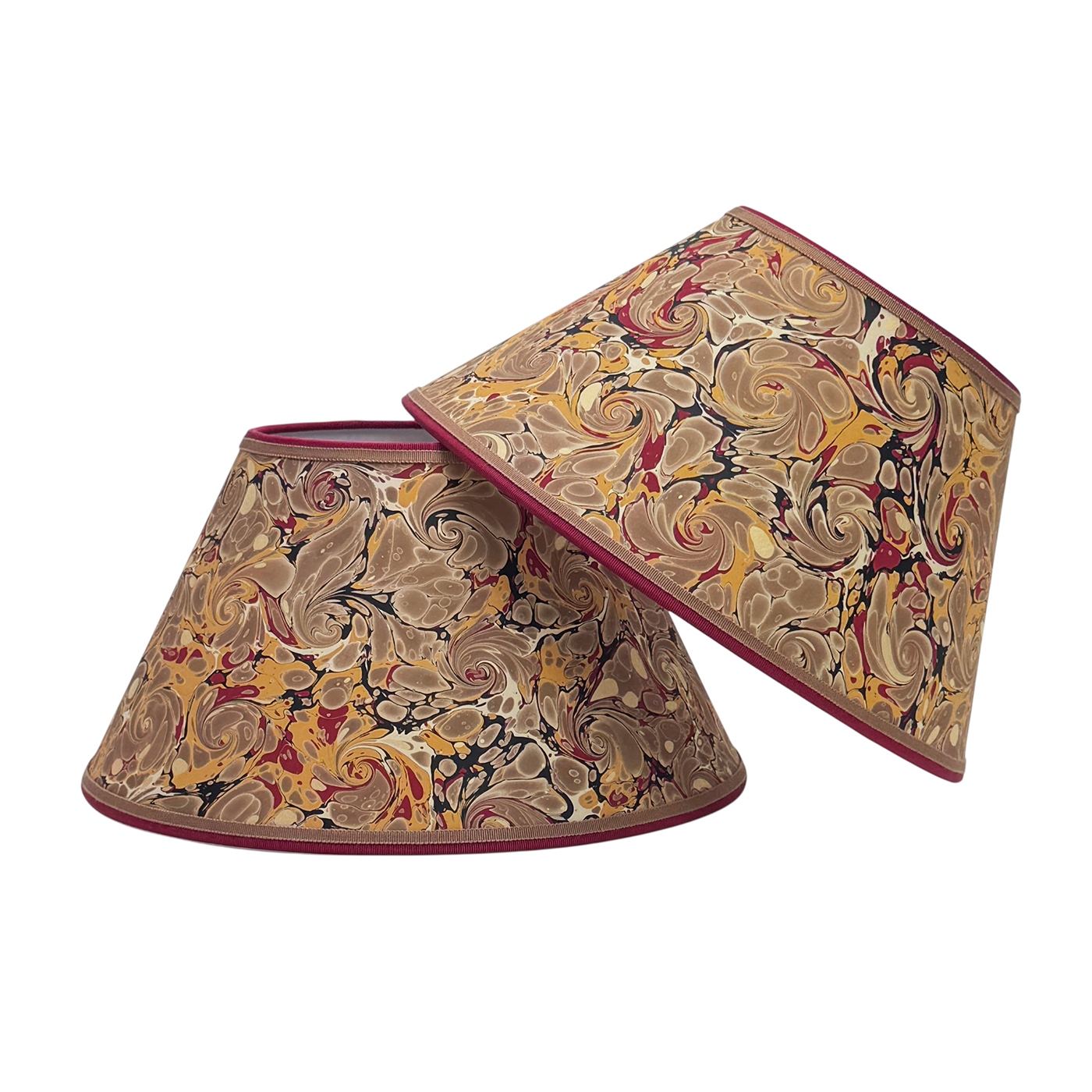 12″ Marbled Paper Lampshades Pair Khaki Red Gold French Curl Shell