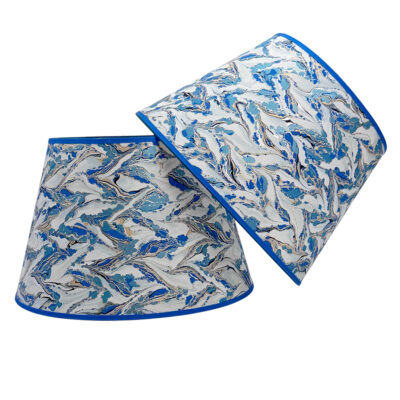 18" Marbled Lampshades Pair Ocean Blues and White