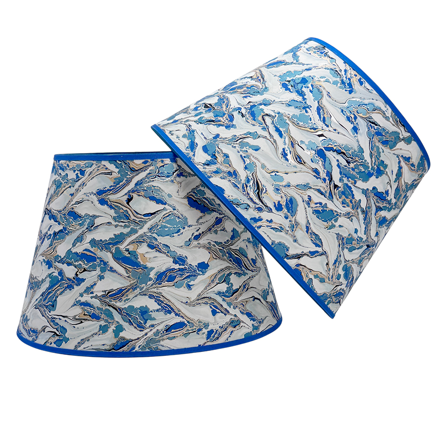 18" Marbled Lampshades Pair Ocean Blues and White