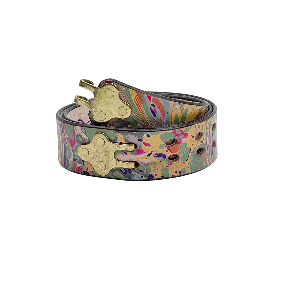 Marbled Leather Belt - 28" Blue Pink Green Stone