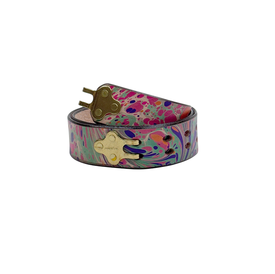 Marbled Leather Belt - 30" Pink Green Purple Stone