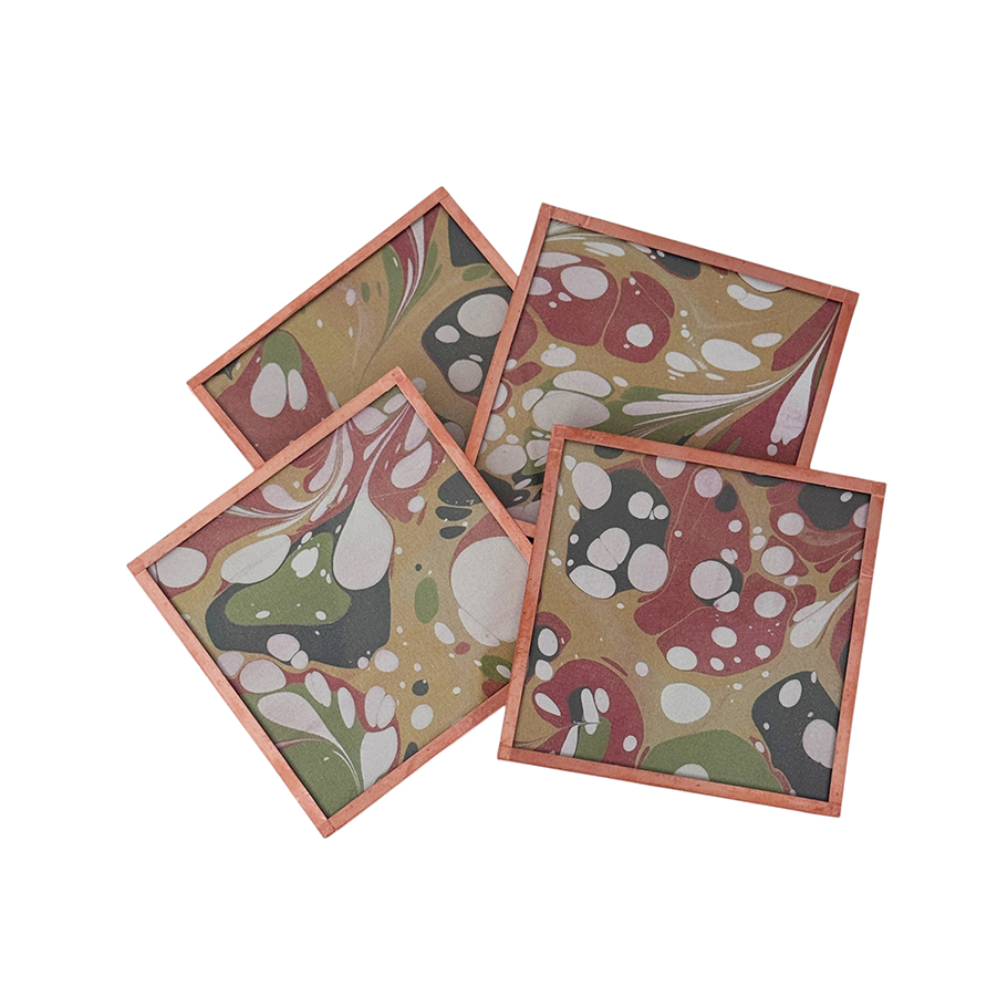 Marbled Paper Glass and Copper Coasters - Set of 4 Brick Fern Spruce White Stone