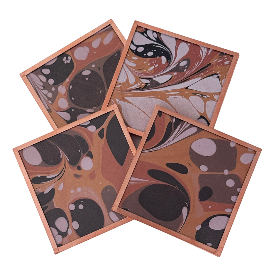 Marbled Paper Glass and Copper Coasters - Set of 4 Copper Sienna Black White Stone