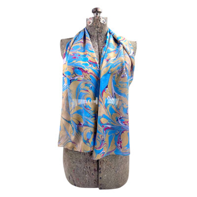 Marbled Silk Scarf - Cornflower Blue Khaki Mulberry