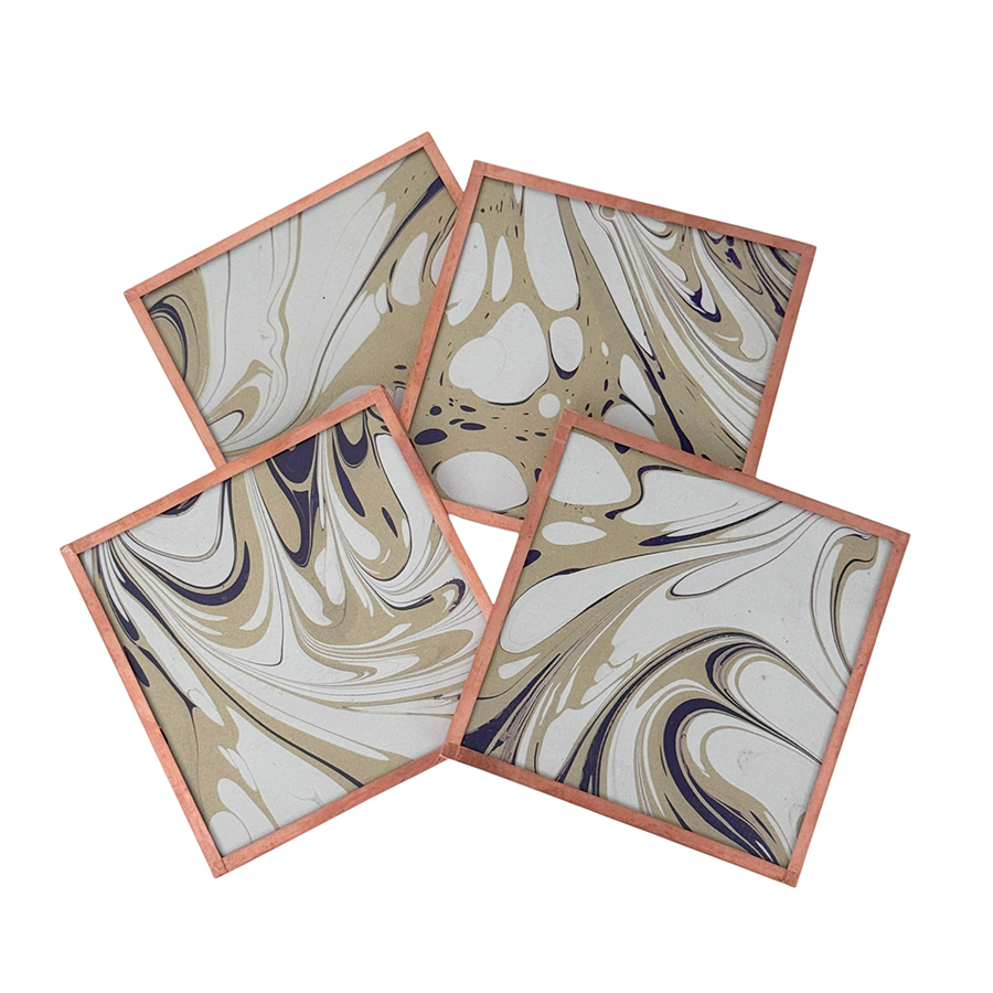 Marbled Paper Glass and Copper Coasters - Set of 4 Aubergine Antique Gold White Stone #2