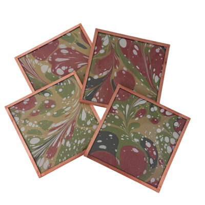 Marbled Paper Glass and Copper Coasters - Set of 4 Brick Fern Spruce White Stone #2