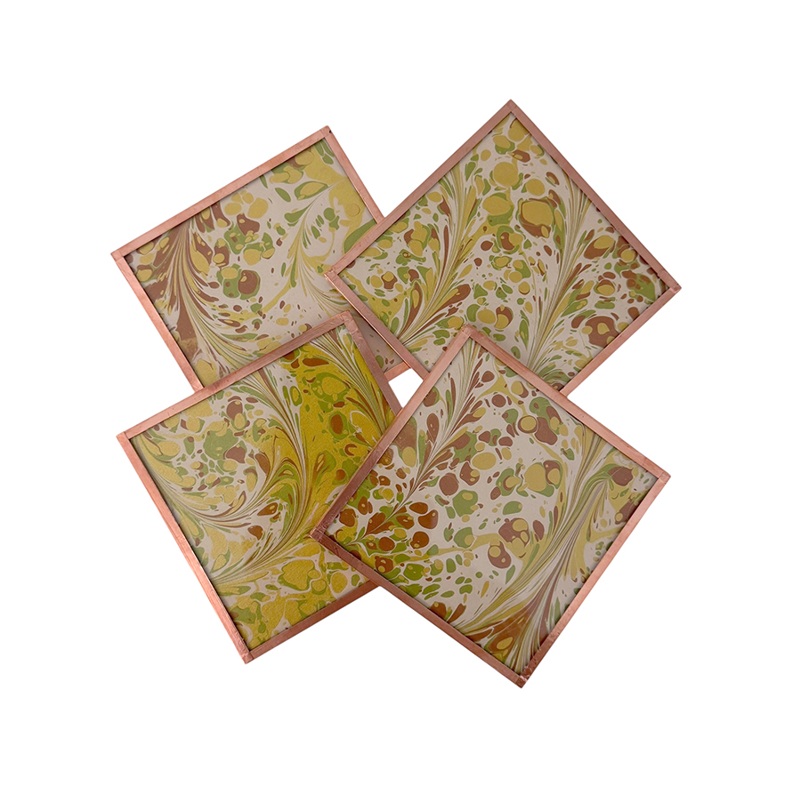 Marbled Paper Glass and Copper Coasters - Set of 4 Fern Brick White Stone