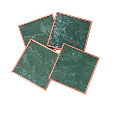 Marbled Paper Glass and Copper Coasters - Set of 4 Forest and White