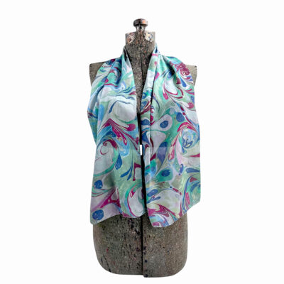 Marbled Silk Scarf - Jade Green Navy Berry Swirls