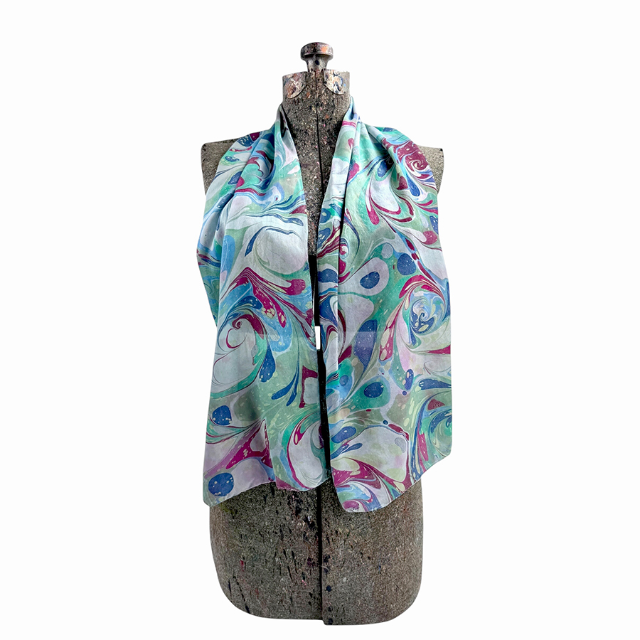 Marbled Silk Scarf - Jade Green Navy Berry Swirls