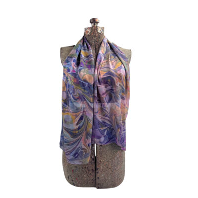 Marbled Silk Scarf - Lilac Purple Sage Ochre Swirls