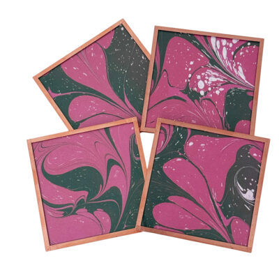 Marbled Paper Glass and Copper Coasters - Set of 4 Magenta Spruce White Stone