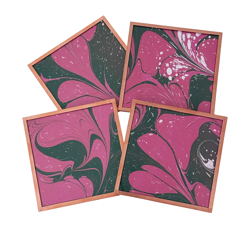 Marbled Paper Glass and Copper Coasters - Set of 4 Magenta Spruce White Stone