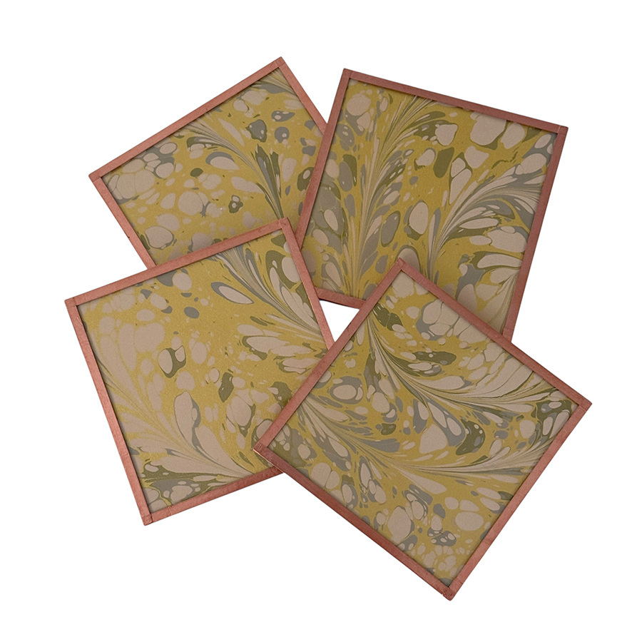 Marbled Paper Glass and Copper Coasters - Set of 4 Moss Gold Olive White Stone