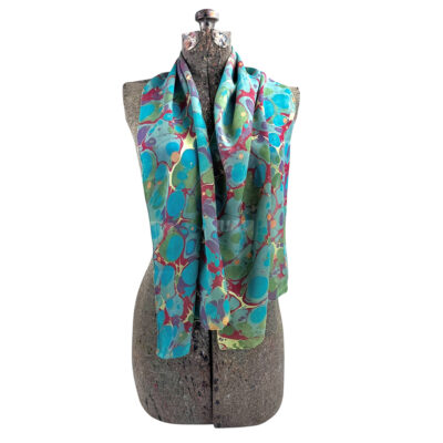 Marbled Silk Scarf - Moss Ocean Blue Raspberry Lavender Stone