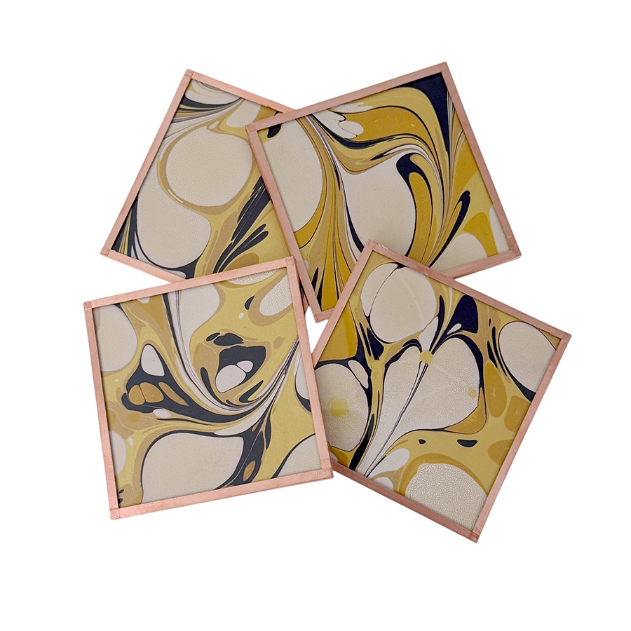 Marbled Paper Glass and Copper Coasters - Set of 4 Mustard Aubergine Gold White Stone