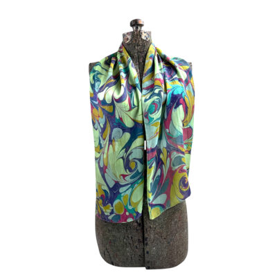 Marbled Silk Scarf - Navy Lime Aqua Raspberry Swirls