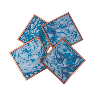 Marbled Paper Glass and Copper Coasters - Set of 4 Ocean Blues