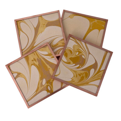 Marbled Paper Glass and Copper Coasters - Set of 4 Ochre Gold White Stone