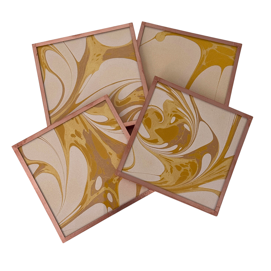 Marbled Paper Glass and Copper Coasters - Set of 4 Ochre Gold White Stone