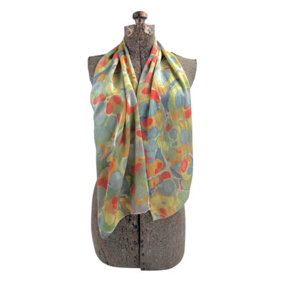 Marbled Silk Scarf - Orange Slate Blue Lime Stone