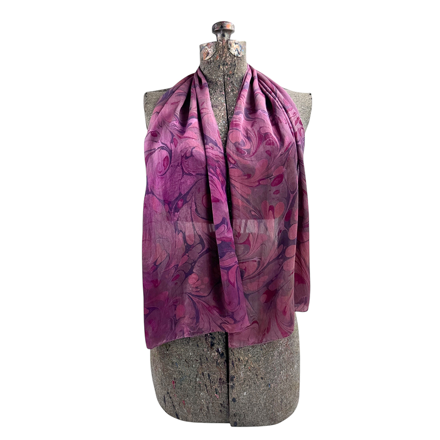 Marbled Silk Scarf - Raspberry Purple Navy Swirls