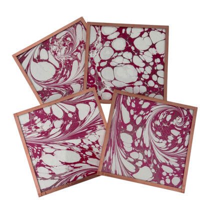 Marbled Paper Glass and Copper Coasters - Set of 4 Raspberry and White Stone