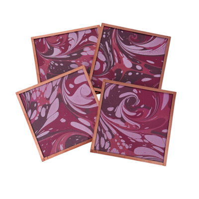 Marbled Paper Glass and Copper Coasters - Set of 4 Red Burgundy Pink Stone