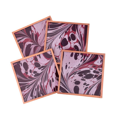 Marbled Paper Glass and Copper Coasters - Set of 4 Red Egglpant White Stone