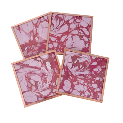 Marbled Paper Glass and Copper Coasters - Set of 4 Red and Pink Stone