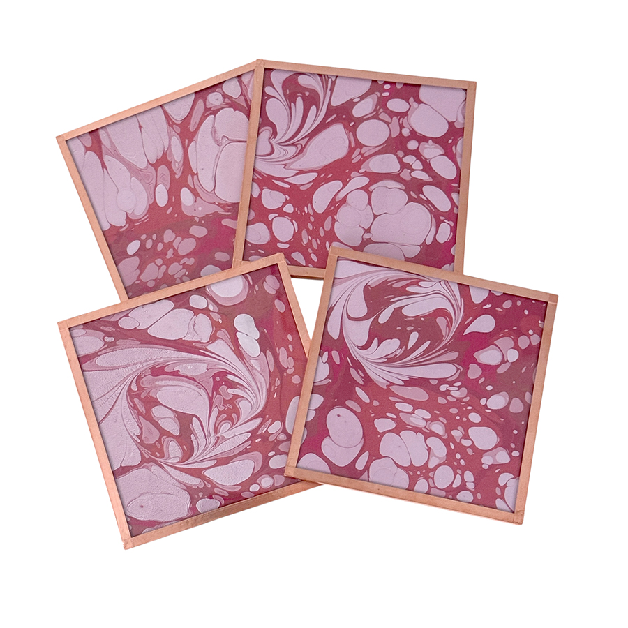 Marbled Paper Glass and Copper Coasters - Set of 4 Red and Pink Stone
